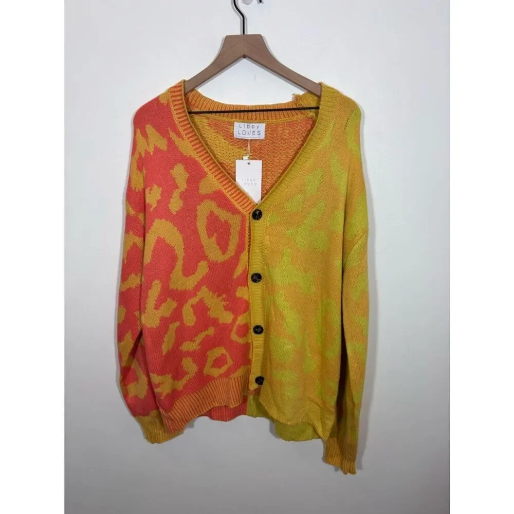 Libby Loves Leopard Button Front Ribbed Trim Cardigan One Size NWT cheetah